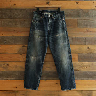 WIROTE威络mad七周年密线补丁油污做旧水洗宽松九分赤耳牛仔裤男