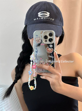 MIMI · ins超有趣镜面发夹小狗狗链条适用苹果17ProMax手机壳iPhone16/12/13/15Pro补妆镜14太空壳防摔套女