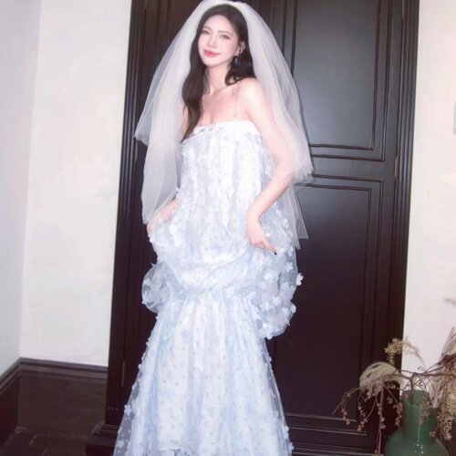 泰国小众立体花朵水钻吊带连衣裙女娃娃裙长款海边度假长裙