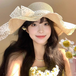 蕾丝蝴蝶结草帽女夏海边沙滩波浪边大帽檐太阳帽遮阳防晒帽子 法式