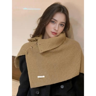 新款钮扣围脖女秋冬季韩版百搭套头保暖护颈脖套外搭开叉针织披肩
