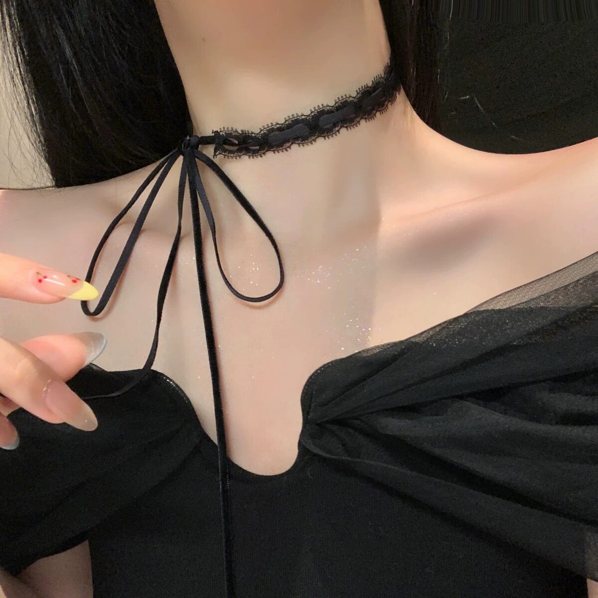 甜酷辣妹黑色蝴蝶结蕾丝绑带项链叠戴choker锁骨链复古设计感颈链