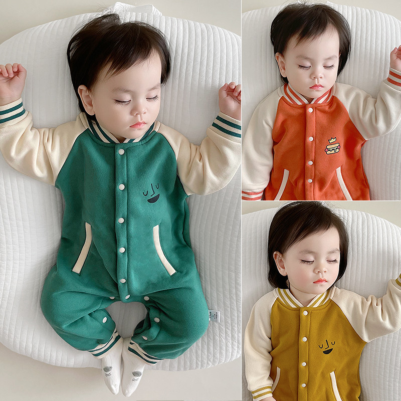 婴儿抓绒棒球服连体衣