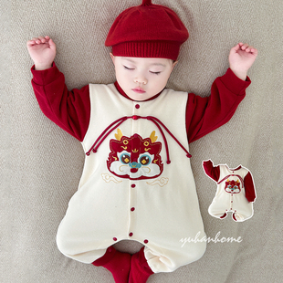婴儿春秋外出服纯棉a类满月周岁爬服哈衣中式国风宝宝满月连体衣