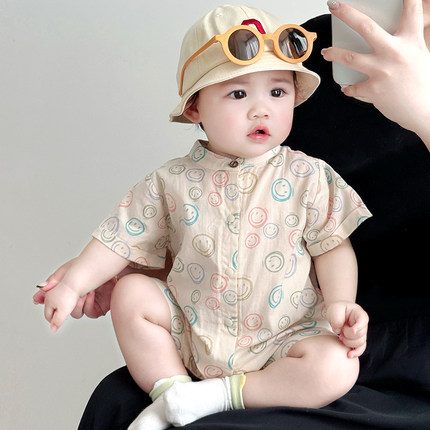 男宝宝夏装印花宽松透气外出爬服哈衣纯棉a类婴儿短袖连体衣服