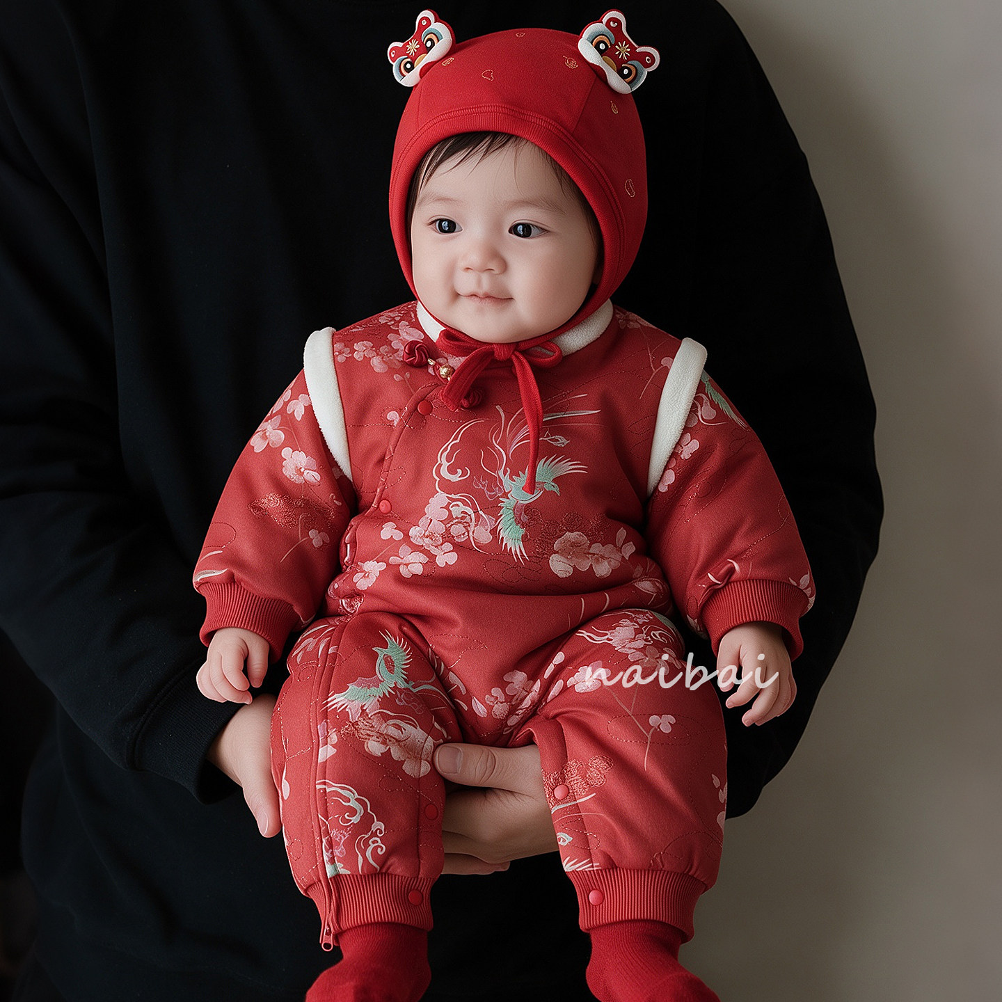 婴幼儿红色夹棉中国风连体衣保暖爬服满月百天宝宝外出新年冬装