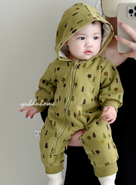 宝宝衣服春秋拉链爬爬服ins风简约哈衣可贴身婴儿连帽外穿连体衣