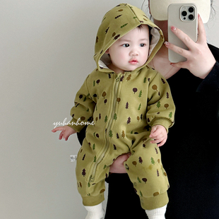 宝宝衣服春秋拉链爬爬服ins风简约哈衣可贴身婴儿连帽外穿连体衣