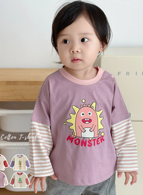 女童长袖t恤春秋纯棉卡通休闲洋气拼接紫色条纹宝宝长袖打底上衣