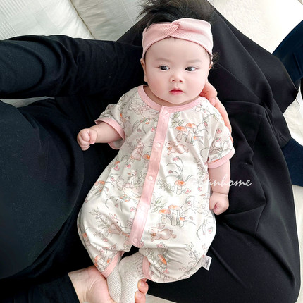 婴儿夏薄款衣服莫代尔无骨小月龄夏天外穿居家睡衣宝宝短袖连体衣
