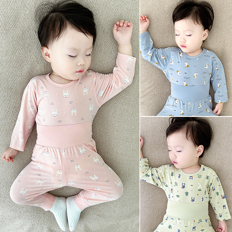 宝宝睡衣套装薄款长袖长裤无骨高腰护肚空调服婴幼儿衣服春秋套装