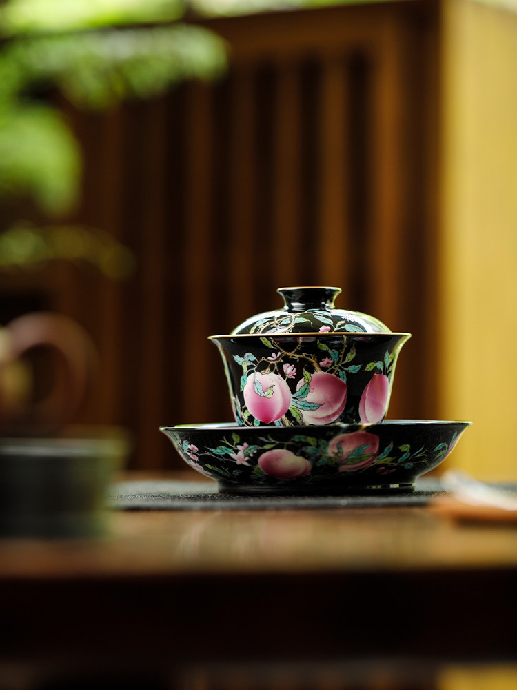 九畹山房 黑地寿桃二才盖碗 景德镇陶瓷手工茶具盖碗茶杯