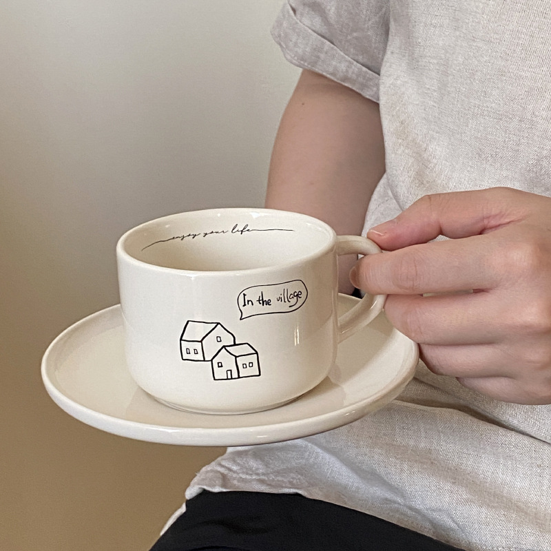 ins复古简约陶瓷咖啡杯 涂鸦庄园马克杯咖啡杯套装小众拿铁早餐杯