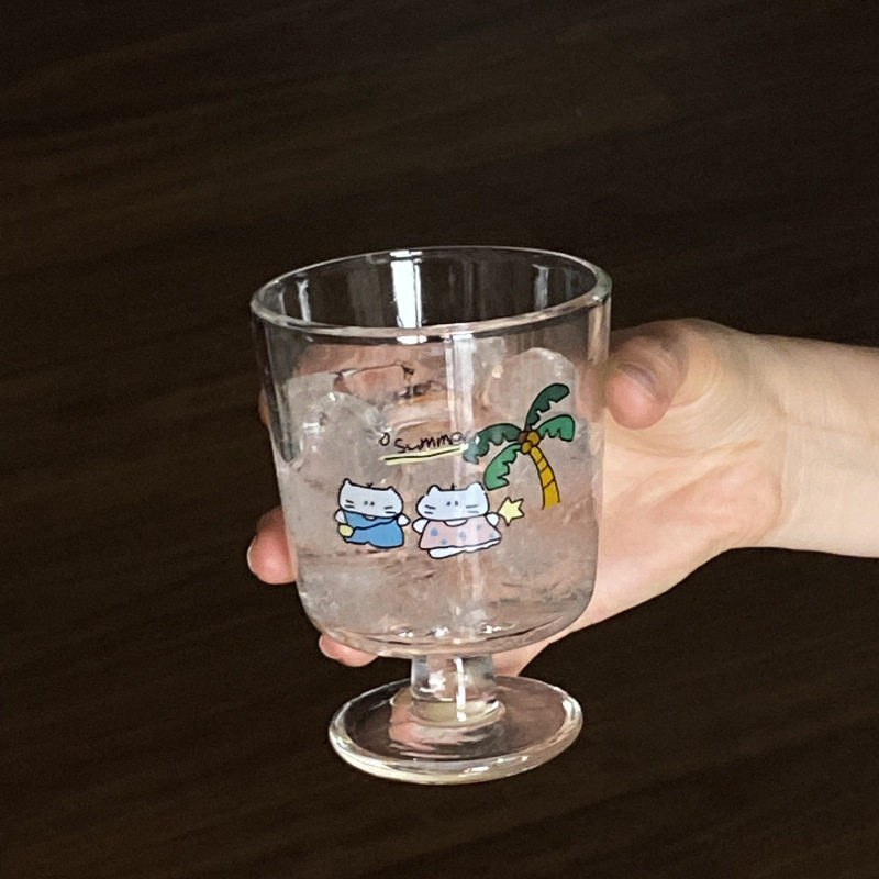 鹿姆比 中古风玻璃杯可爱卡通椰树猫咪高脚杯小众简约牛奶甜品杯