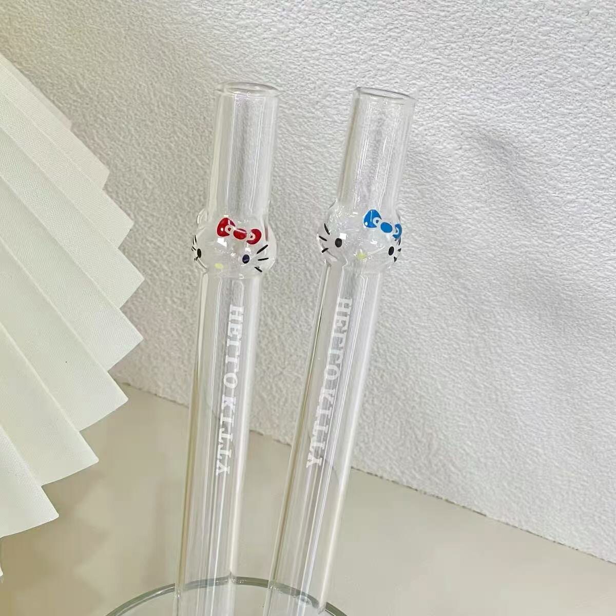 ins风创意立体凯蒂猫造型可爱玻璃吸管彩色耐高温奶茶果汁kt吸管
