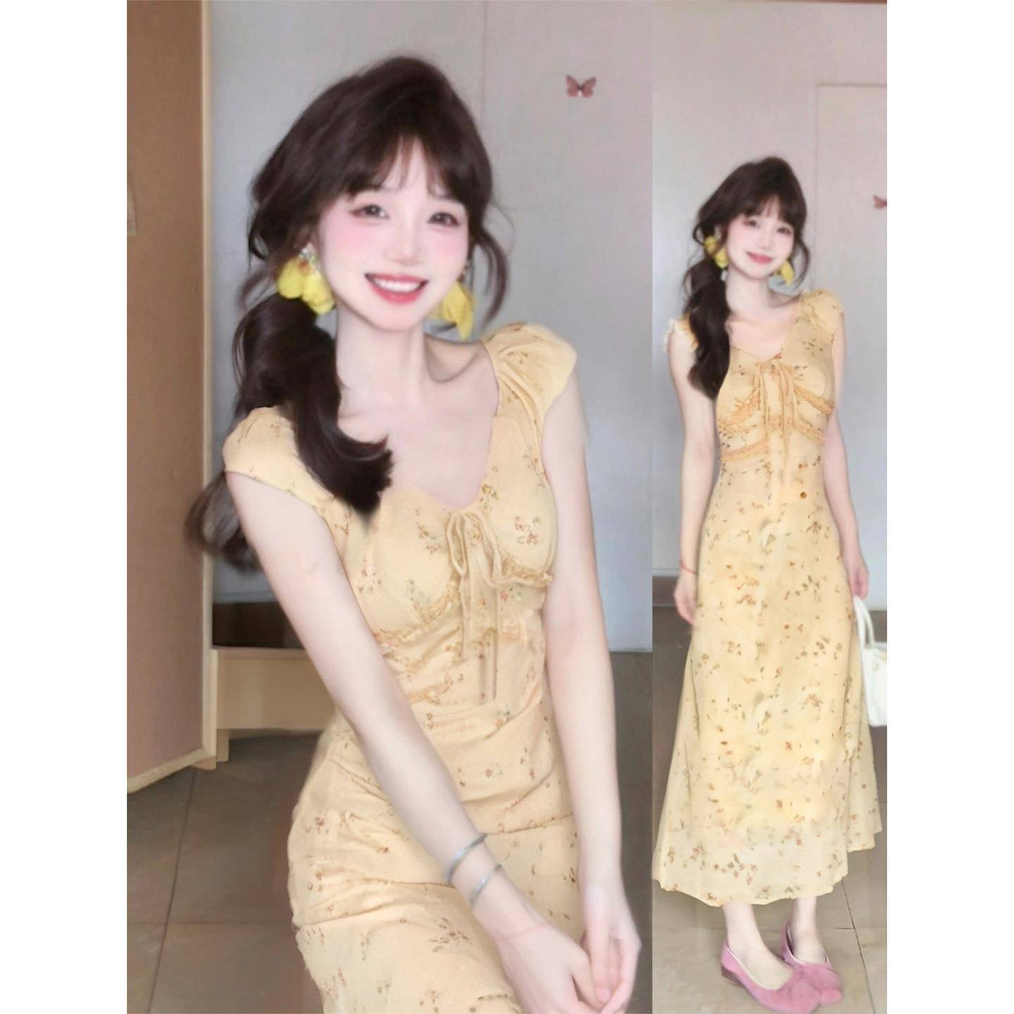 多巴胺鹅黄色碎花连衣长裙女夏日连衣裙