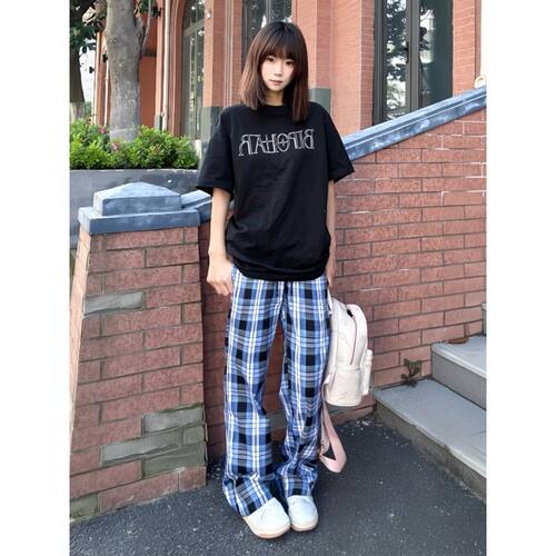 蓝色健身格子裤男女夏薄款美式复古凉感运动裤子显高休闲直筒裤