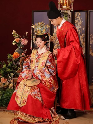 【出租】桃花序凤佩霞光明制婚服汉服重工凤冠霞帔中式嫁衣男女款