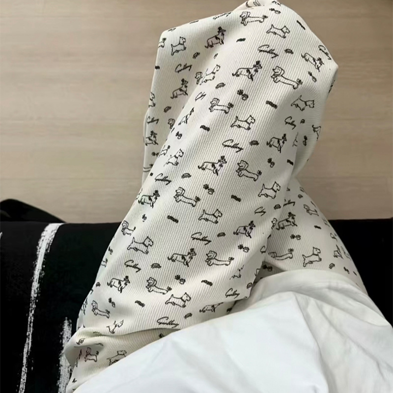 灯芯绒小狗小兔阔腿裤子女秋冬季加绒加厚休闲直筒加长拖地遛弯裤