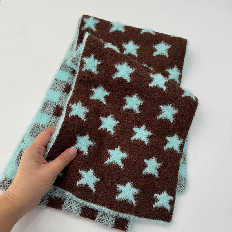 薄荷生巧好温柔呀~双面星星格子拼接围巾软糯糯亲肤双面北极绒围