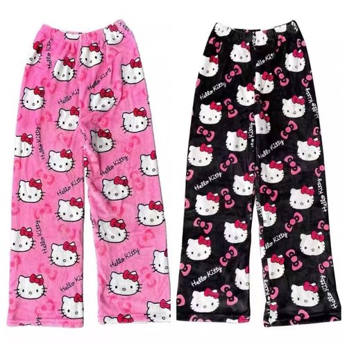 法兰绒卡通KT猫睡裤厚女士秋冬新款加绒保暖居家宽松休闲裤