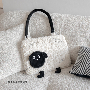 人间八月八 原创绵羊电脑包羊羔绒可爱单肩防震保护ipad笔记本收纳包手提上课羊羔绒补习笔记本收纳包学生