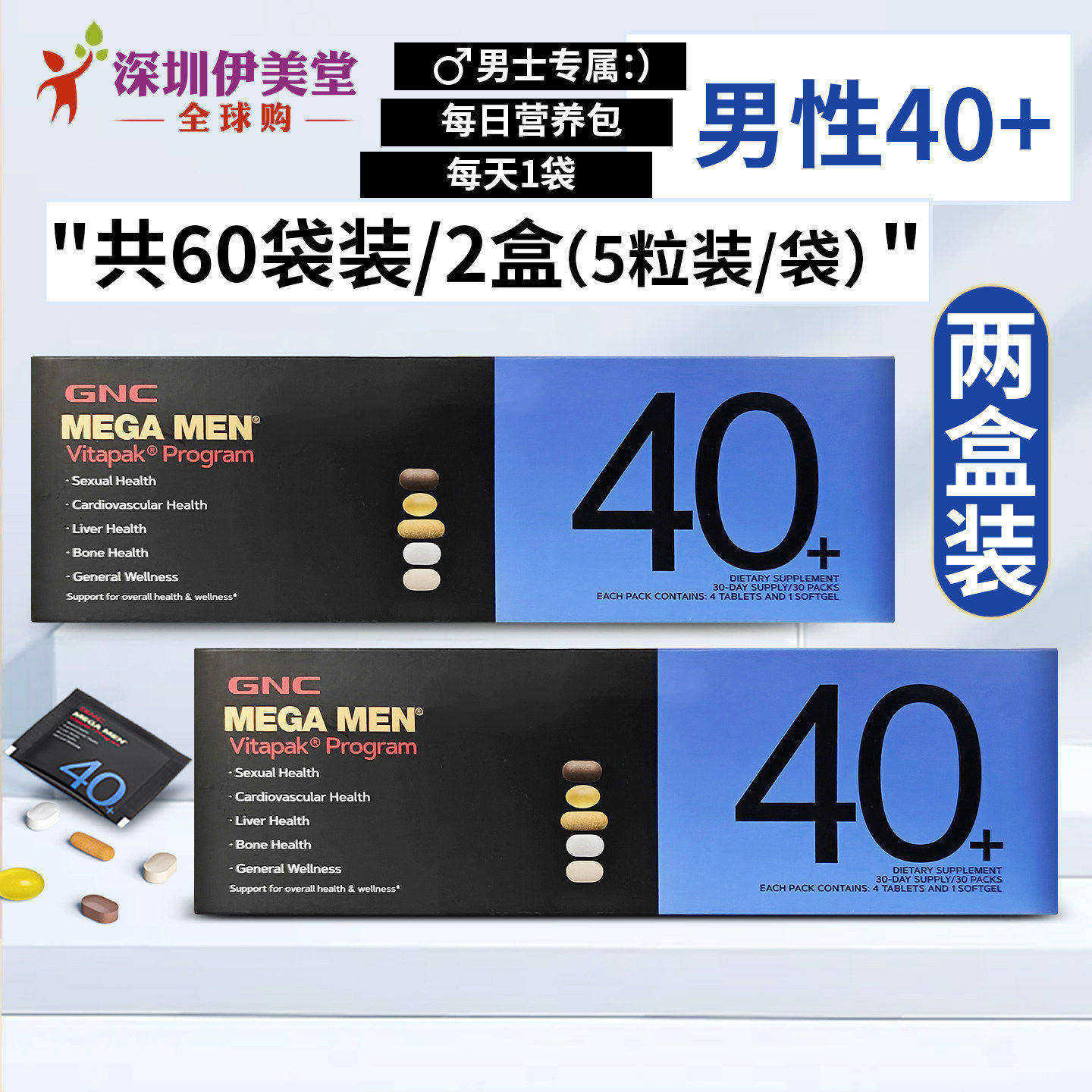 2盒 健安喜GNC男士营养包男性每日时光包40+男士复合维生素矿物质