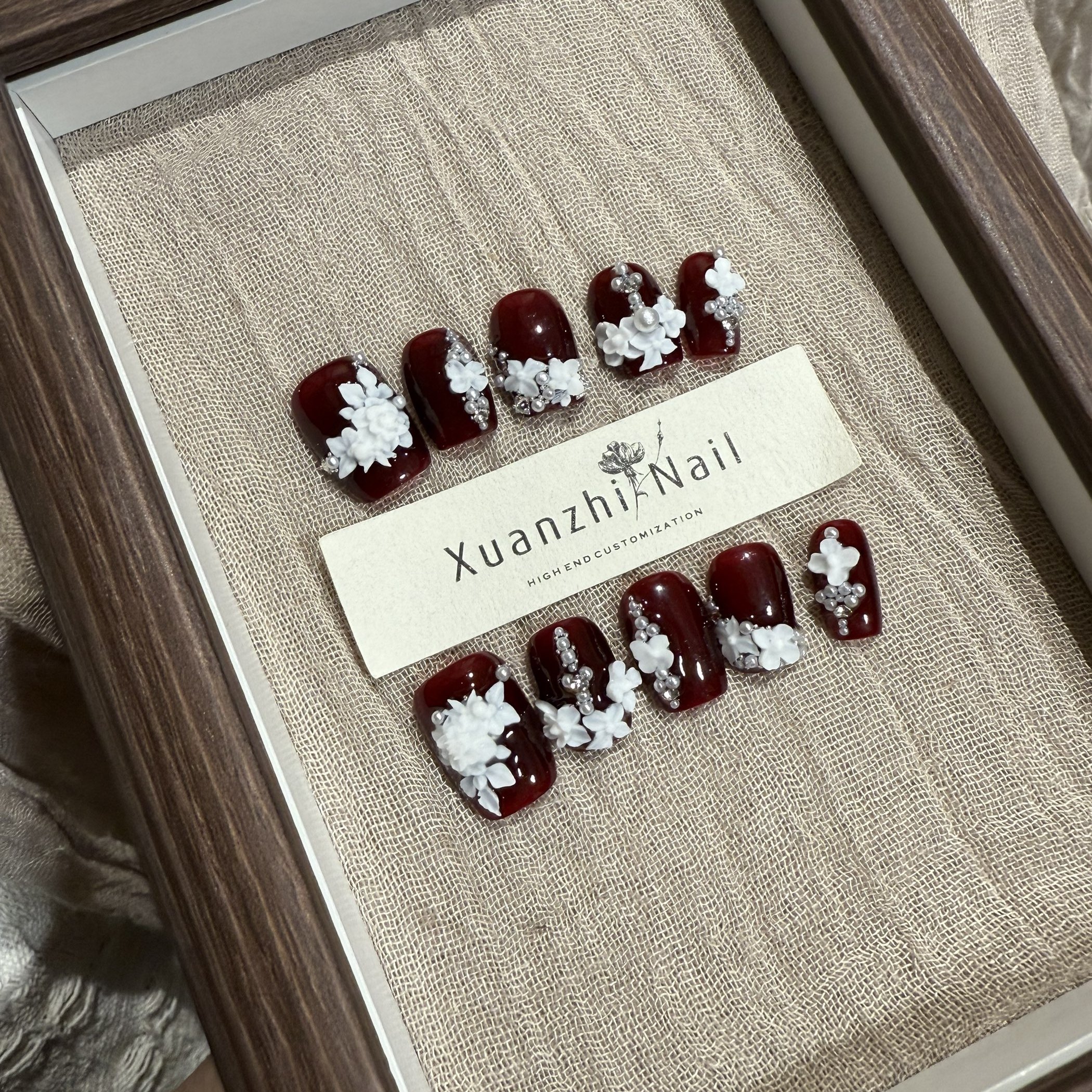 【波尔多红】复古秋冬浮雕花短款显白酒红车厘子纯手工定制穿戴甲