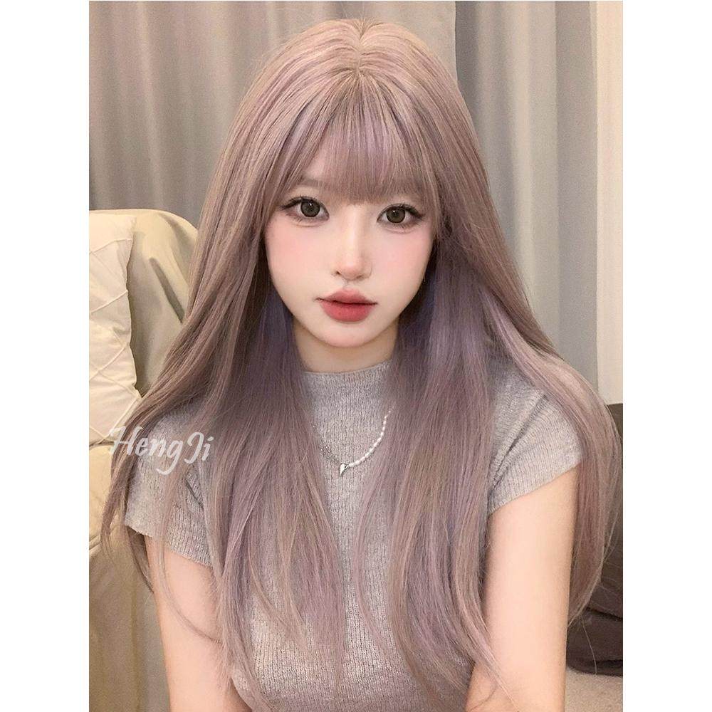 哼唧网红假发女长发韩式女团发型中分中长发紫灰色全头套彩色假发图片
