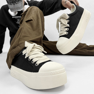 夏季透气RO黑白米奇德比帆布鞋2025新款百搭厚底小众鞋休闲板鞋男