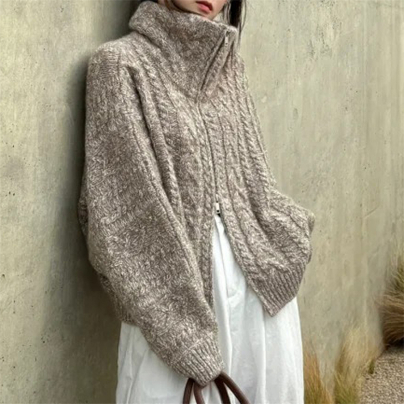 京绒羊2025秋冬高领100%纯羊毛开衫女士宽松显瘦加厚蝙蝠毛衣外套