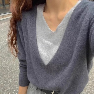 女士假两件宽松显瘦气质毛衣上衣 京绒羊2025秋冬V领100%纯羊毛衫