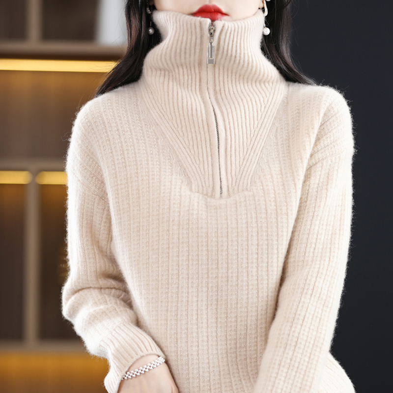 京绒羊2025秋冬高领100%羊毛衫女士宽松显瘦半拉链百搭上衣打底衫