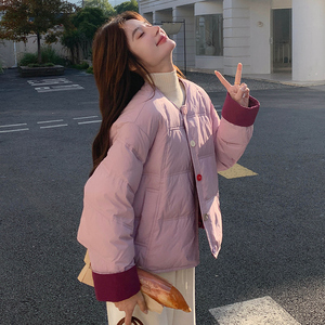 新品2C286/918/P265/K388撞色彩色扣子豆腐块羽绒服外套图片