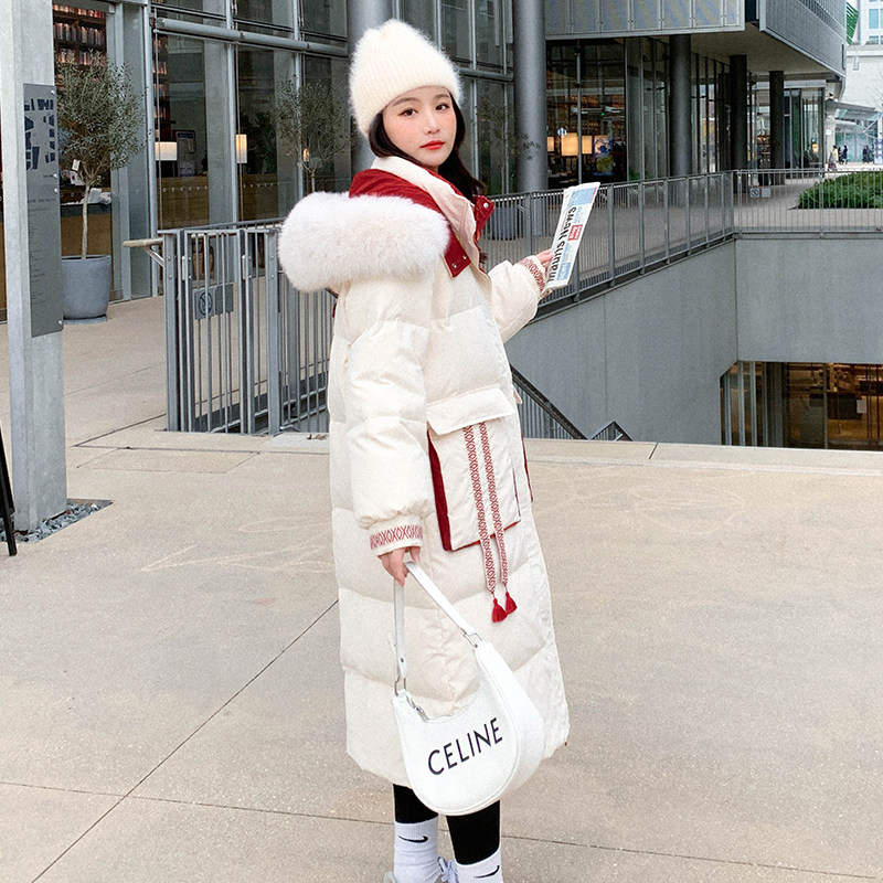 韩系白色毛领连帽羽绒服女冬超火好看高级小众漂亮中长款加厚外套,女装羽绒服,2C286