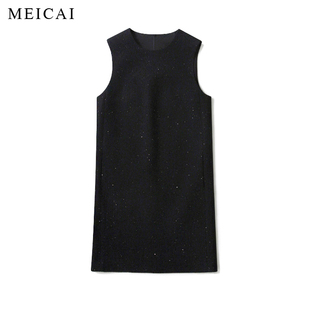 美裁 小黑裙 细闪亮片羊毛混纺经典极简无袖背心直身连衣裙