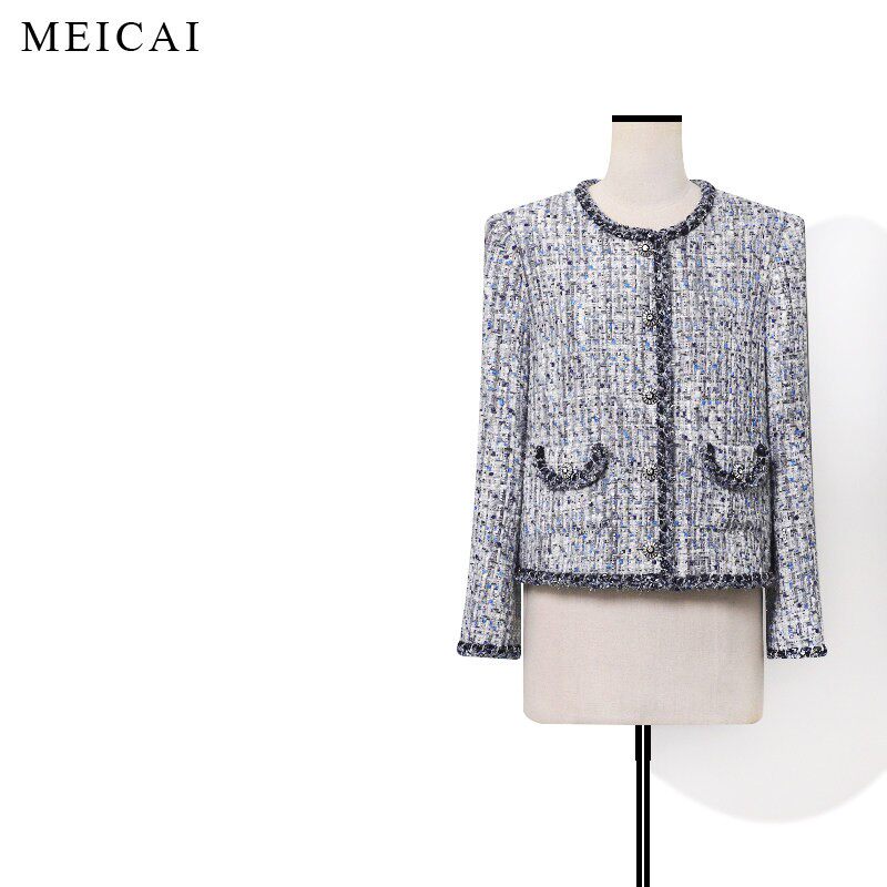美裁 新品【蓝钻】重磅灰蓝花式手工编织珠片细闪花呢外套