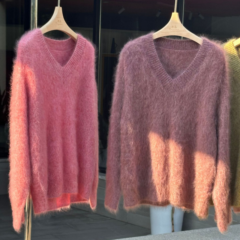 高档拉绒无缝V领花纱羊绒羊毛衫
