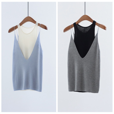 可叠穿早秋深V领针织吊带羊毛混