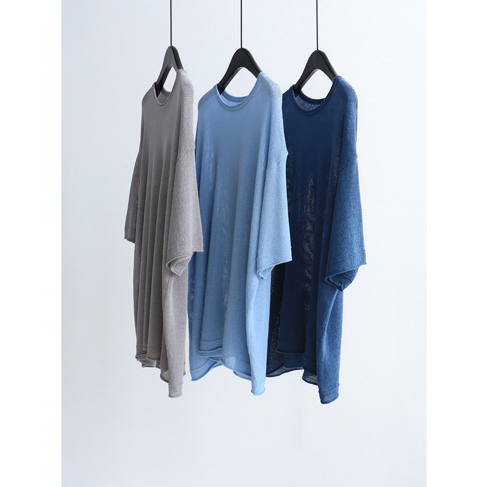 随意卷边天丝亚麻宽松短袖针织衫圆领春夏休闲中长款套头罩衫上衣