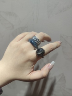 2025新品小众复古个性大颗粒银曜石天然水晶开口调节戒指饰品礼物