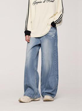 奔二青年|波纹洗水拖地裤2025新品街头水洗褪旧复古牛仔裤潮款酷