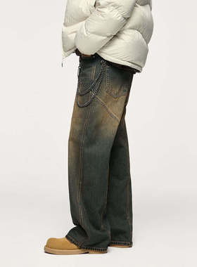 奔二原创|洗水做旧阔腿牛仔裤2025夏潮牌街头长裤男做旧直筒牛仔