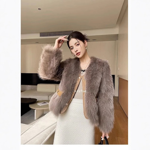 2024冬新仿款狐狸毛拼皮皮草加厚外套女装托卡韩系大衣小个子短款