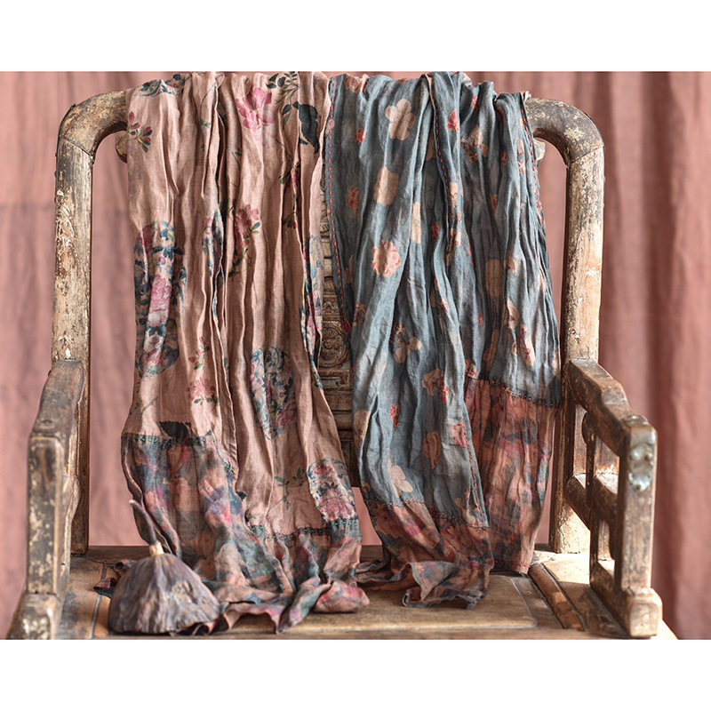 自制香云纱印花工艺苎麻拼布长方形围巾女春秋手工缝线文艺混搭