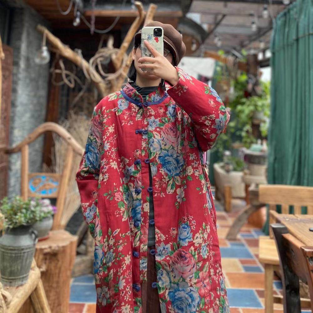 原创文艺复古对襟中式手工盘扣国风红花长款双层夹棉棉衣外套女冬