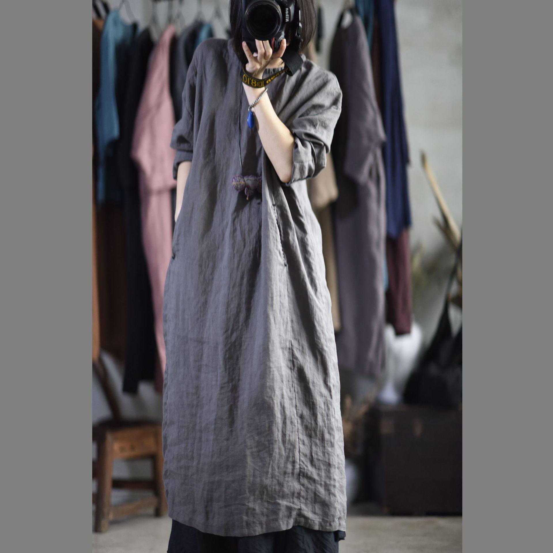 文艺复古水洗做旧苎麻手缝迹线套头亚麻长袍女春秋宽松长款连衣裙