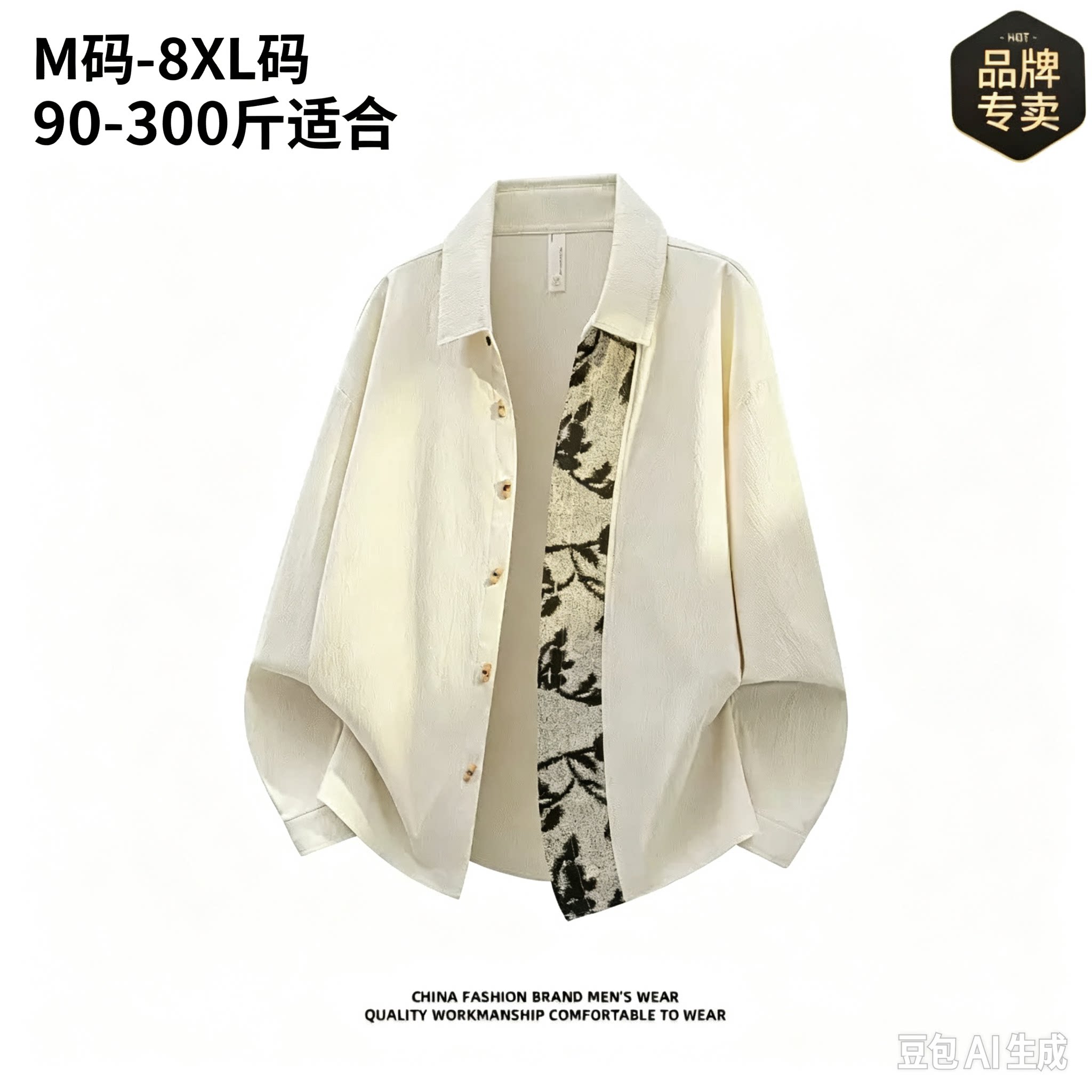 加大码中国风印花长袖翻领衬衫男士秋季冰感透气休闲高质量衬衣