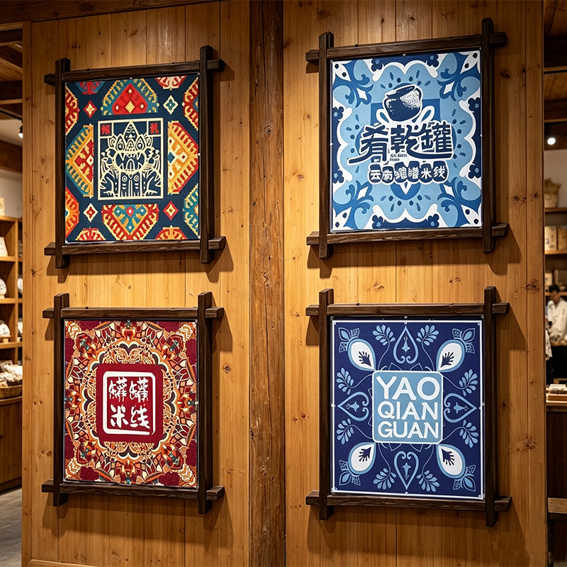 云南贵州火锅店扎染背景布蜡染烙锅餐厅饭店民宿装饰木框架定制
