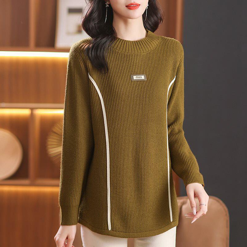 秋冬外穿线条撞色针织衫女士上衣长袖中长款打底衫圆领宽松毛衣裙